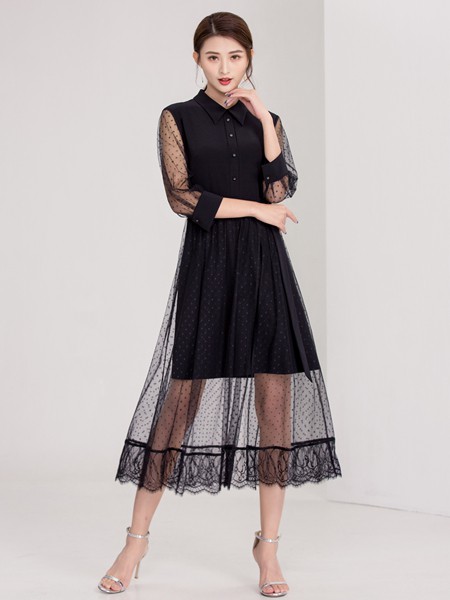 迪丝爱尔2020春夏季黑色纱网连衣裙