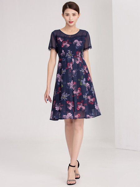 迪丝爱尔2020春夏季藏蓝色印花连衣裙