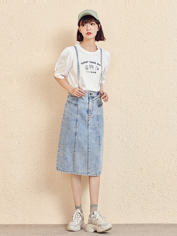 新作女装2020秋冬季蓝色做旧背带裙