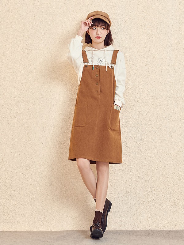 新作女装2020秋冬季卡其色宽松背带裙