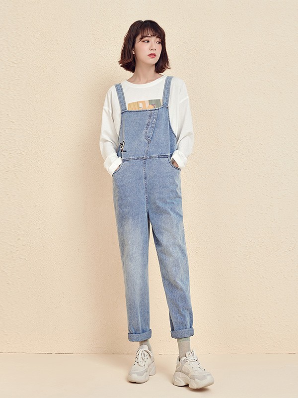 新作女装2020秋冬季蓝色做旧背带裤