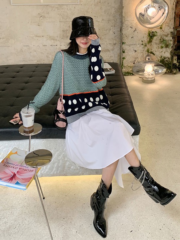 YOUPPIE!女装2020秋冬季绿色波点针织衫