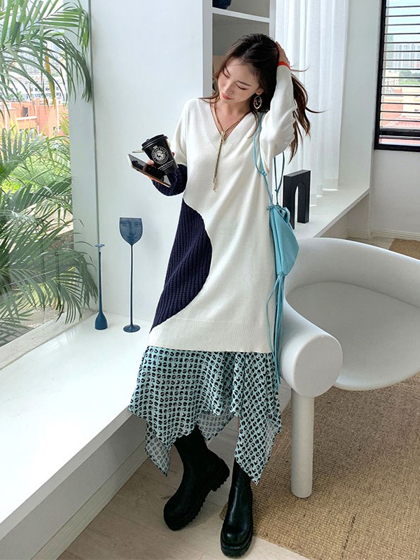 YOUPPIE!女装2020秋冬季白色长款毛衣裙