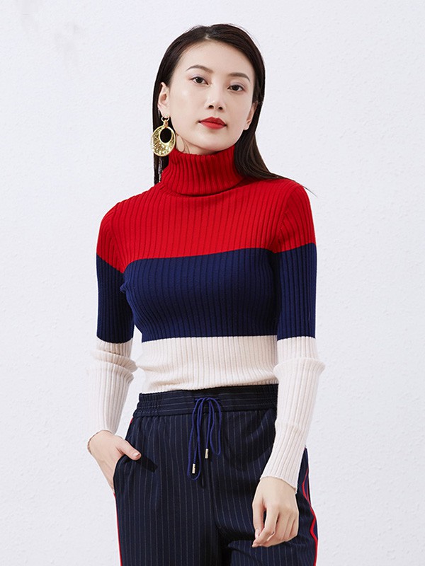 捷恩尼纳女装2020秋冬季拼色高领针织衫