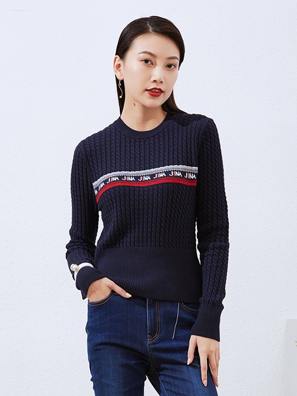 捷恩尼纳女装2020秋冬季藏蓝色撞色针织衫