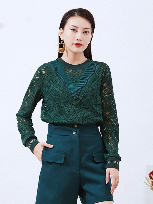 捷恩尼纳女装2020秋冬季墨绿色镂空上衣