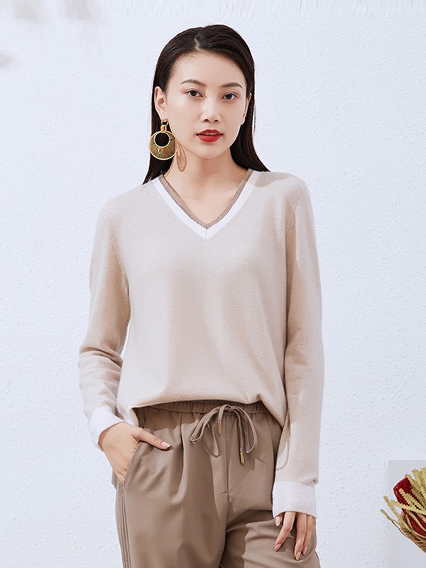 捷恩尼纳女装2020秋冬季杏色撞色针织衫