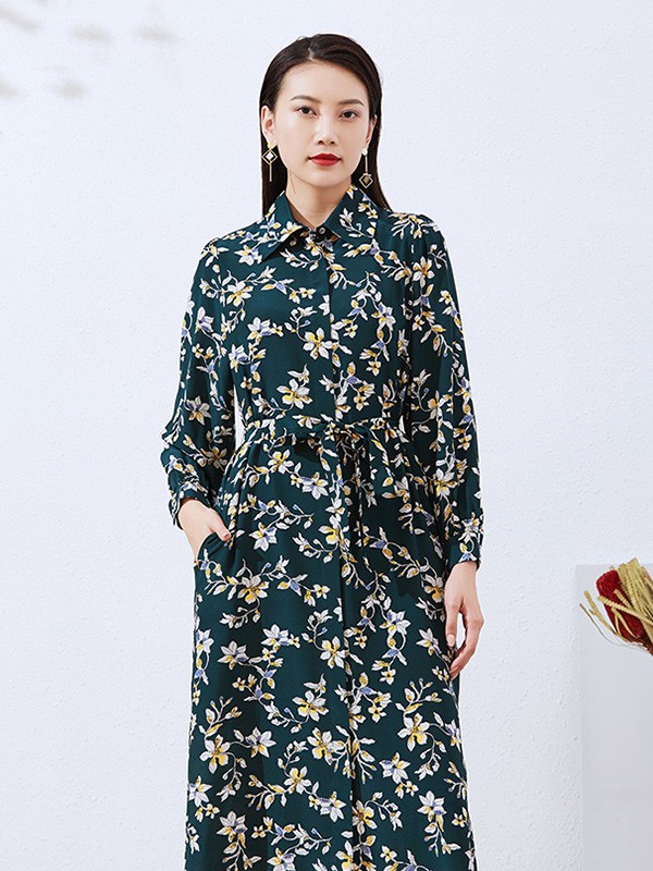 捷恩尼纳女装2020秋冬季墨绿色印花连衣裙