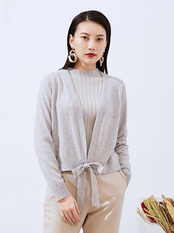 捷恩尼纳女装2020秋冬季灰色系带针织衫
