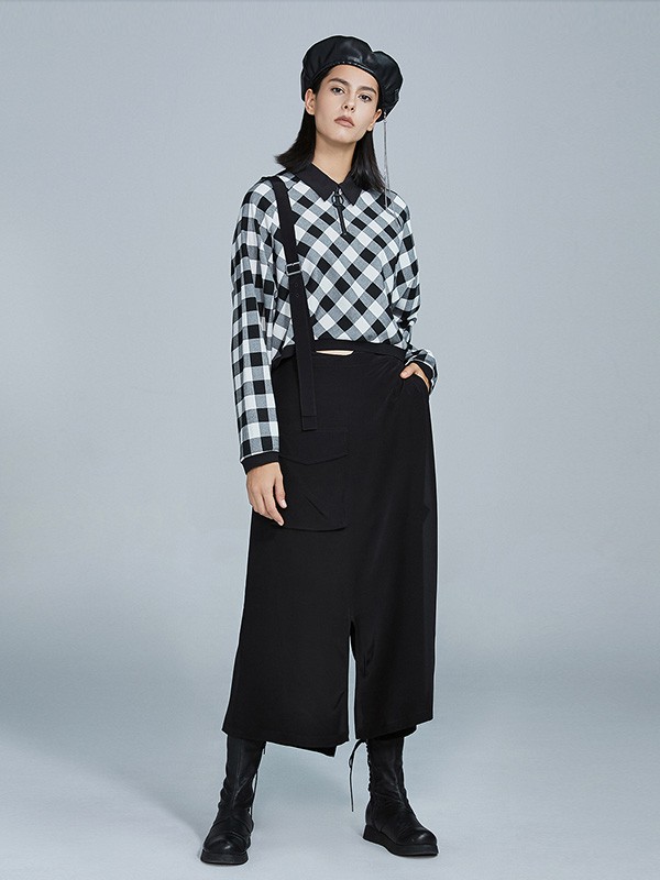 欧宝女装2020秋冬季黑色格子上衣