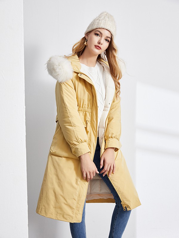 城市衣柜2020秋冬季黄色带毛领羽绒服