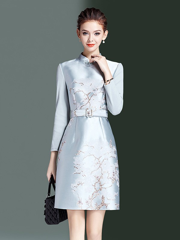 海青蓝女装2020秋冬季蓝色印花连衣裙