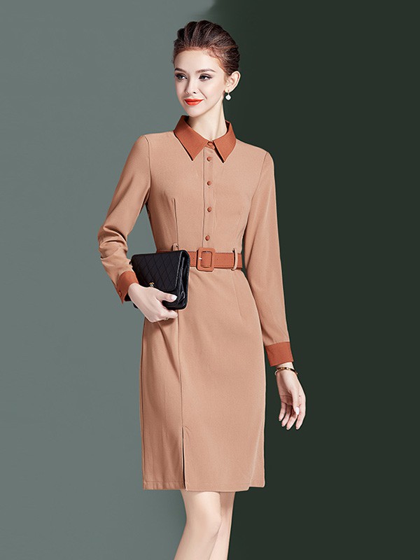 海青蓝女装2020秋冬季裸色收腰连衣裙