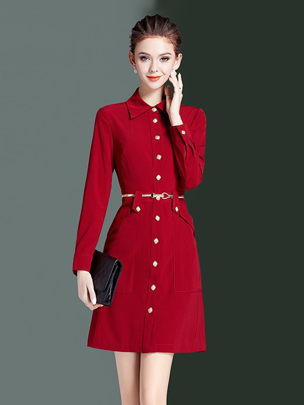 海青蓝女装2020秋冬季红色收腰连衣裙