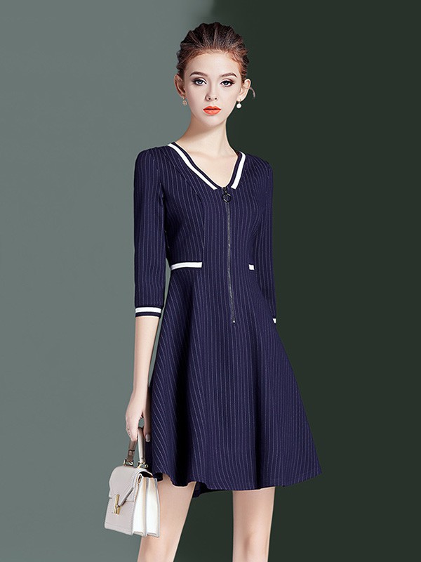 海青蓝女装2020秋冬季藏蓝色条纹连衣裙