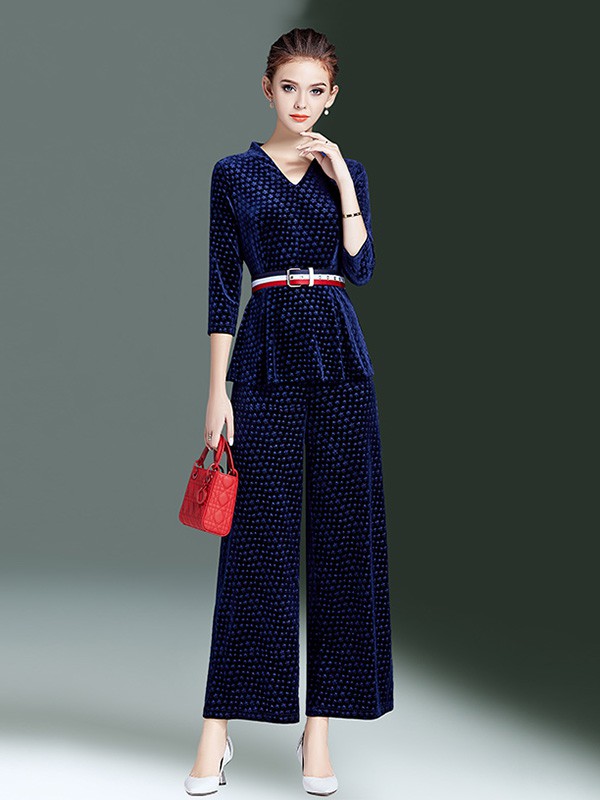 海青蓝女装2020秋冬季藏蓝色纯色套装