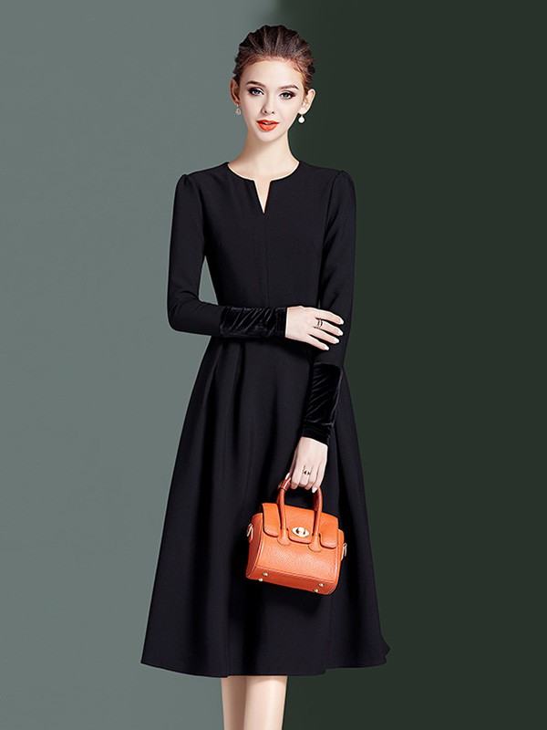 海青蓝女装2020秋冬季黑色修身连衣裙