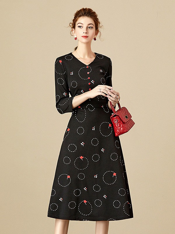 海青蓝女装2020秋冬季黑色印花连衣裙