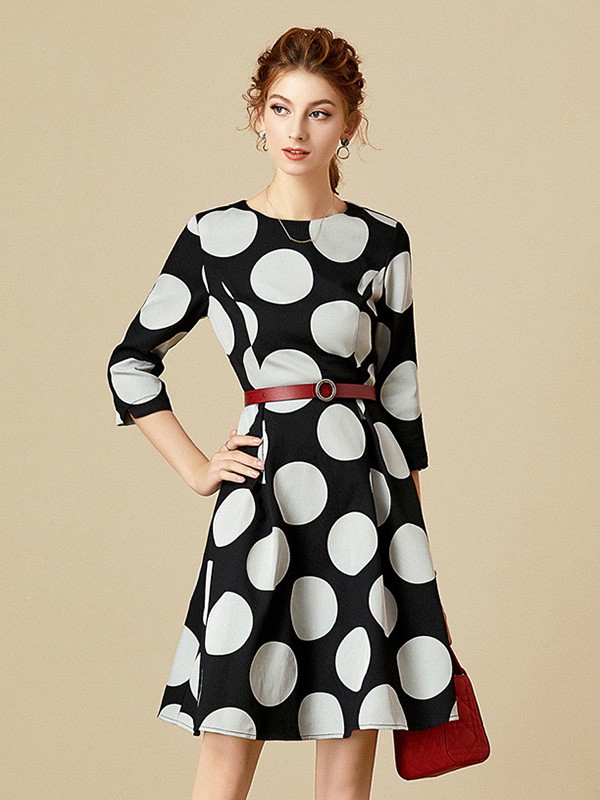 海青蓝女装2020秋冬季黑色波点连衣裙