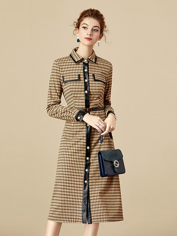 海青蓝女装2020秋冬季卡其色格子连衣裙