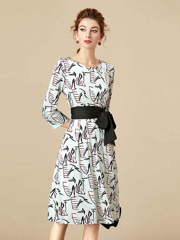 海青蓝女装2020秋冬季白色印花连衣裙