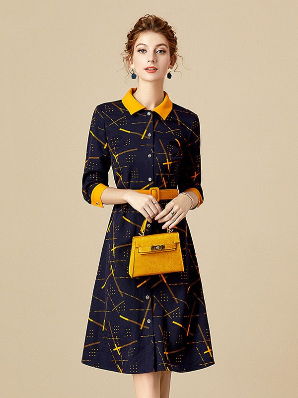 海青蓝女装2020秋冬季藏蓝色印花连衣裙