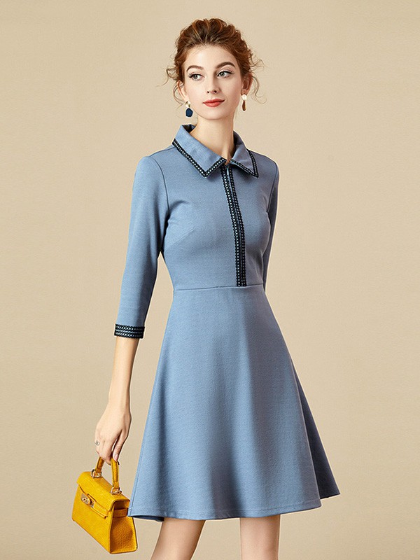 海青蓝女装2020秋冬季蓝色修身连衣裙