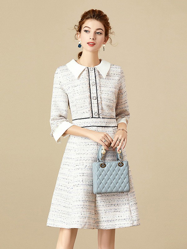 海青蓝女装2020秋冬季白色修身连衣裙