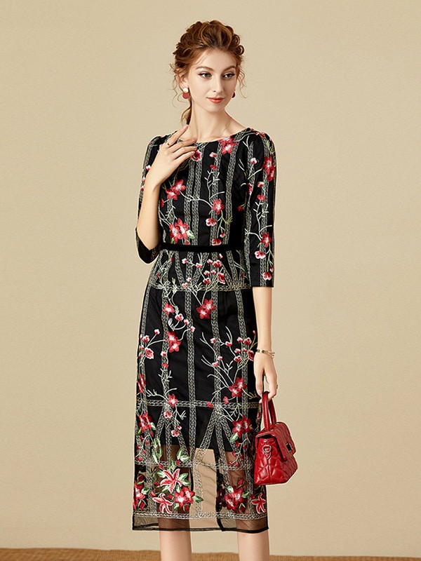 海青蓝女装2020秋冬季黑色纱网连衣裙