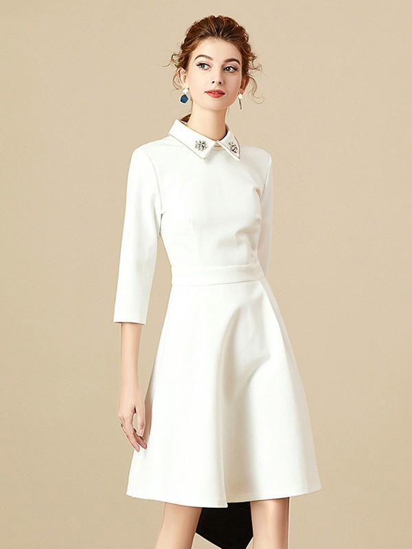 海青蓝女装2020秋冬季白色修身连衣裙