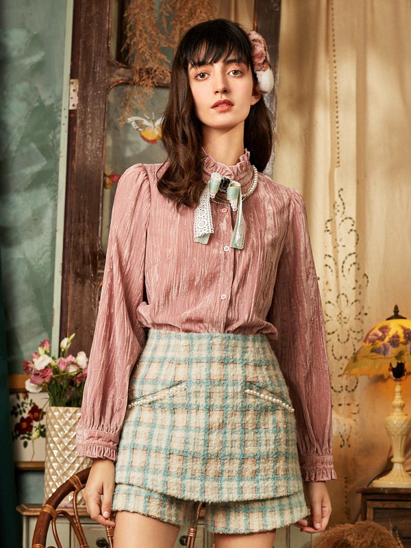 米可芭娜2020秋冬季粉色木耳边衬衫