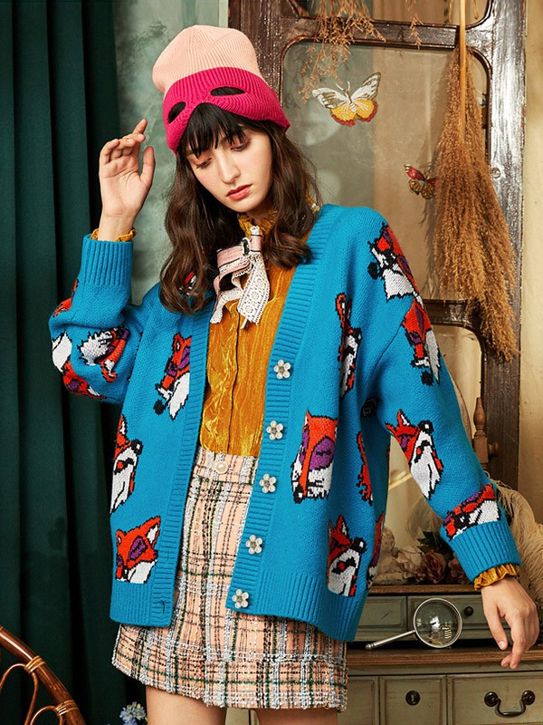 米可芭娜2020秋冬季蓝色图案针织衫