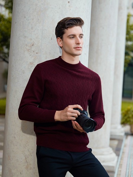 法拉狄奥男装2020秋冬季酒红色纯色针织衫