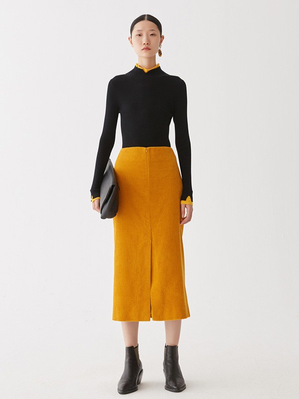 噢姆2020秋冬季黄色纯色半身裙