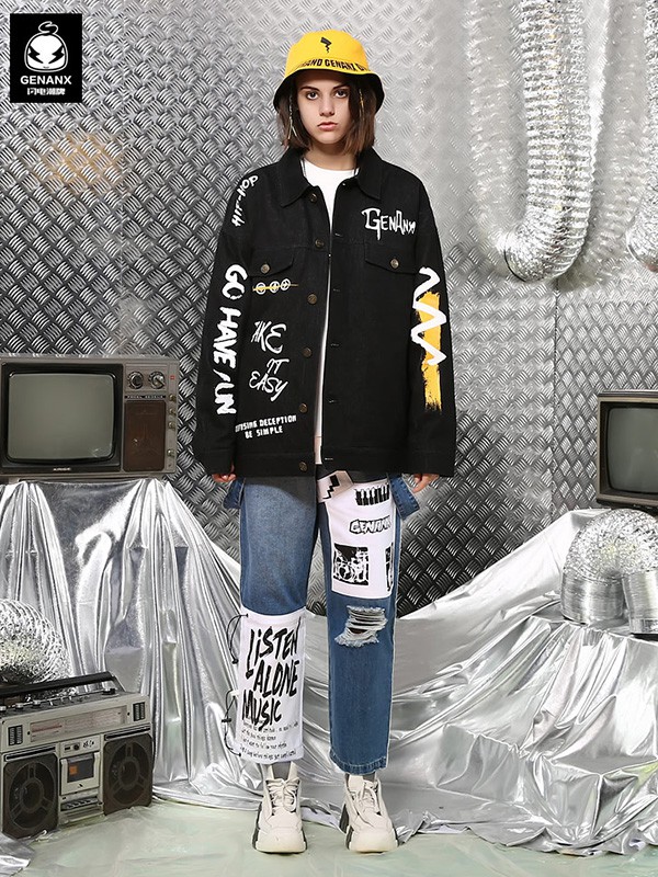 闪电潮牌2020秋冬季黑色印花外套