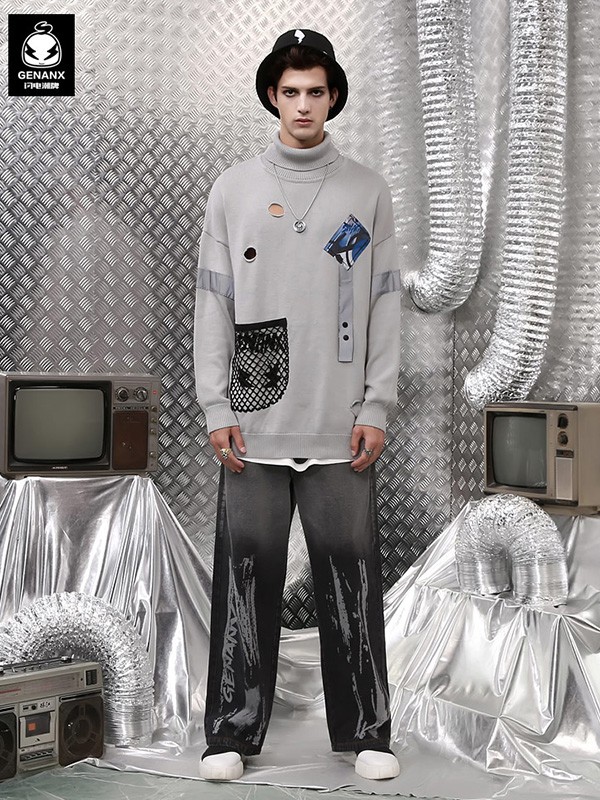 闪电潮牌2020秋冬季灰色贴布毛衣