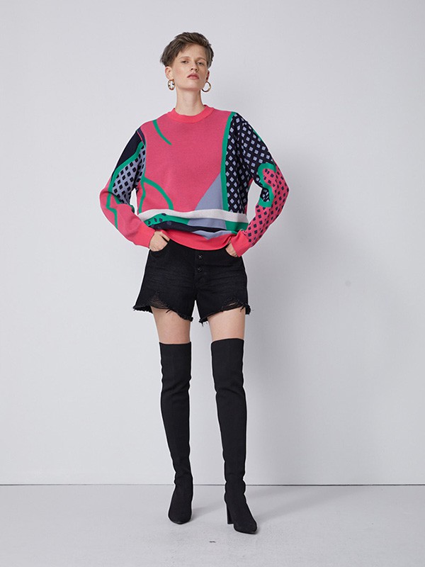 真我永恒2020秋冬季粉色撞色毛衣