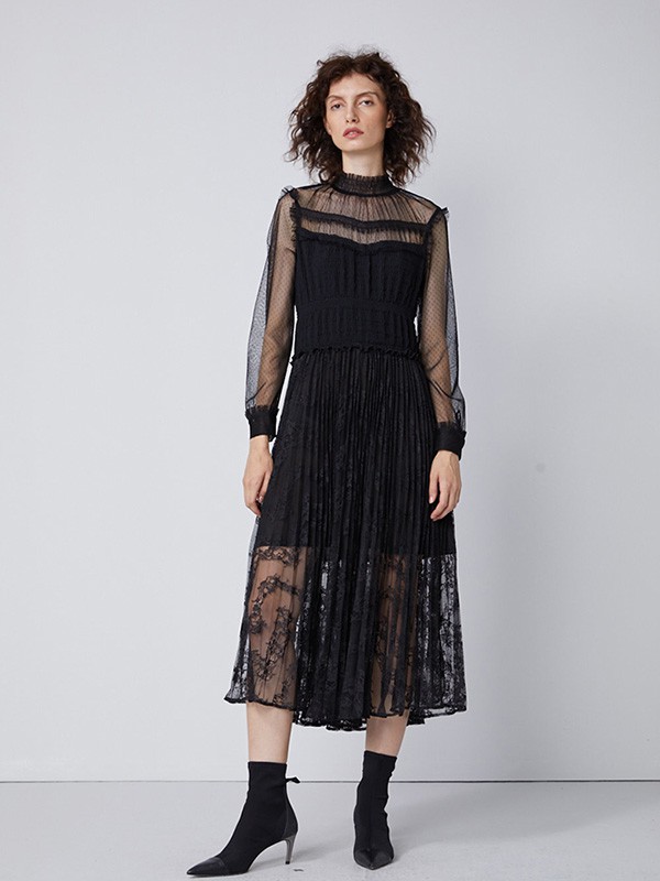 真我永恒2020秋冬季黑色纱网连衣裙