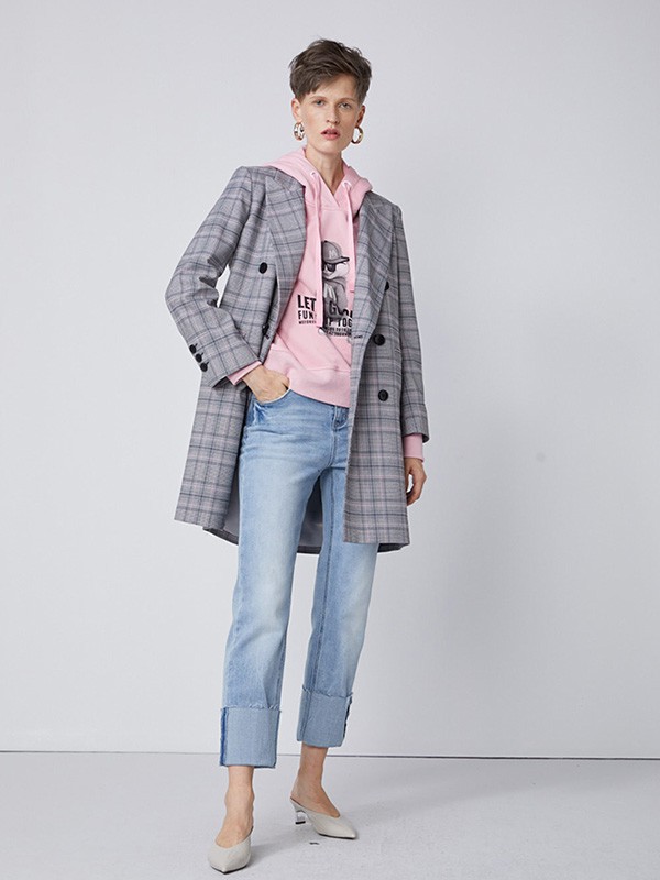 真我永恒2020秋冬季灰色格子大衣