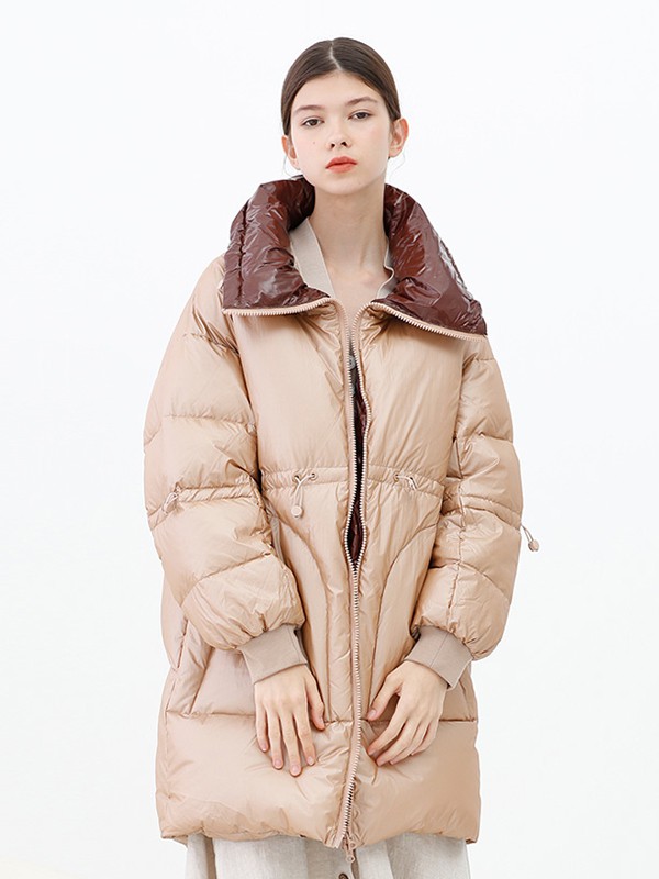 碧可2020秋冬季杏色翻领羽绒服