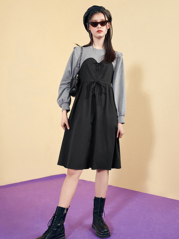 太平鸟2020秋冬季拼色拼接连衣裙