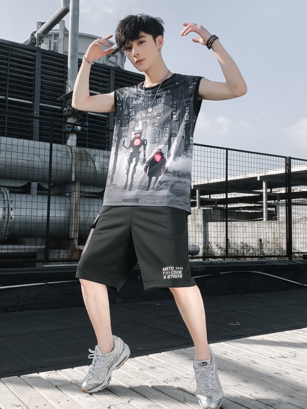 路伊梵运动装2020春夏季黑色印花背心