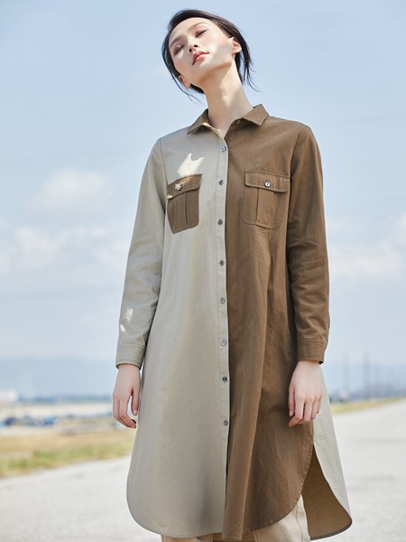 谷度女装2020秋冬季拼色长款衬衫