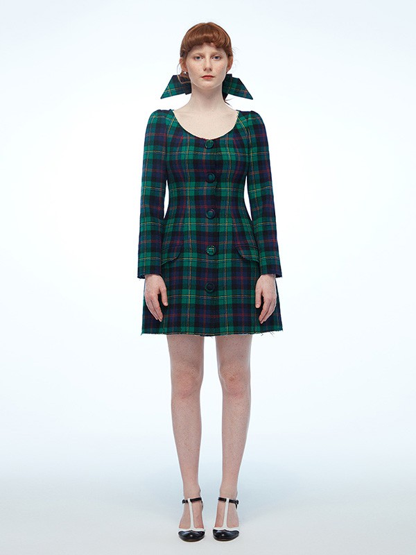 chictopia2020秋冬季墨绿色格子连衣裙