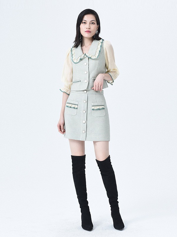 依妙2020秋冬季绿色拼接套装