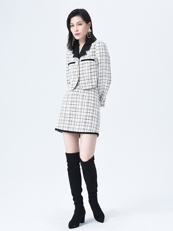 依妙女装2020秋冬季白色格子唐装