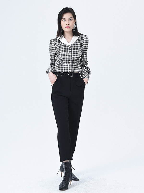 依妙2020秋冬季黑色格子衬衫