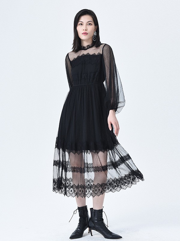 依妙女装2020秋冬季黑色纱网连衣裙