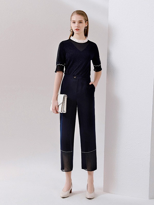 卡迪黛尔2020秋冬季黑色撞色上衣