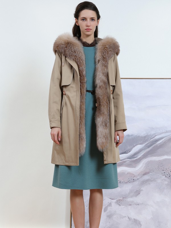 丽莫女装2020秋冬季卡其色带毛领外套